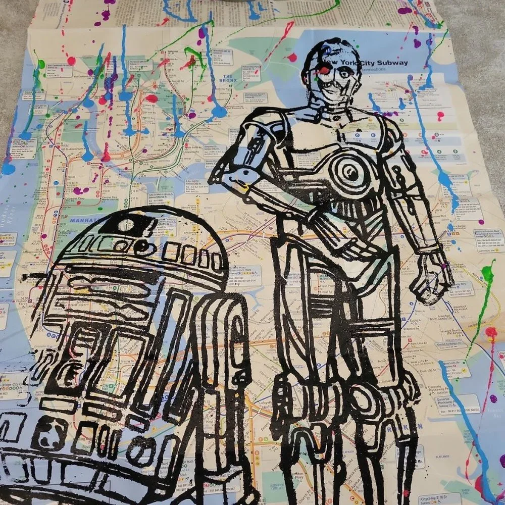 💲 SOLD 💲 Original Handpainted Star Wars Droids R2D2 & C3PO on a NYC Subway Map - Picture 5 of 7